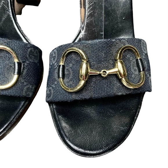 Gucci Black GG Monogram Logo Canvas Horsebit Slide Sandals Heels 8 US / 38 EU - Picture 3 of 7